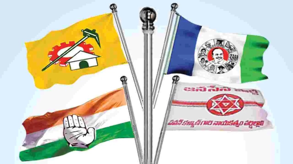 Flags of major political parties in Andhra Pradesh — TDP, YSRCP, INC and Jana Sena