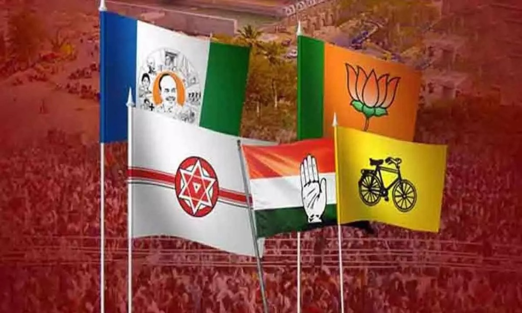 Flags of major political parties of Telangana & Andhra Pradesh at a campaign rally